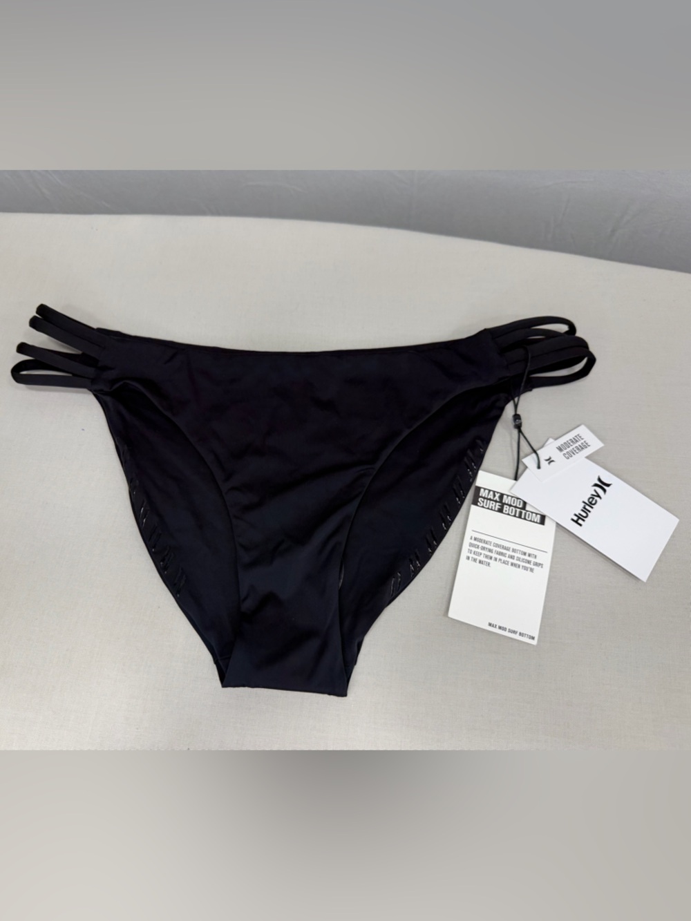 Hurley Max Mod Surf Bikini Bottom NWT Black Strappy Moderate Coverage L
